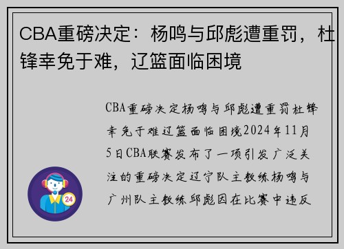 CBA重磅决定：杨鸣与邱彪遭重罚，杜锋幸免于难，辽篮面临困境