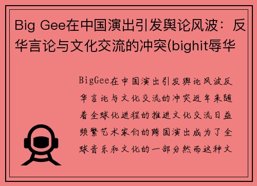 Big Gee在中国演出引发舆论风波：反华言论与文化交流的冲突(bighit辱华回应)